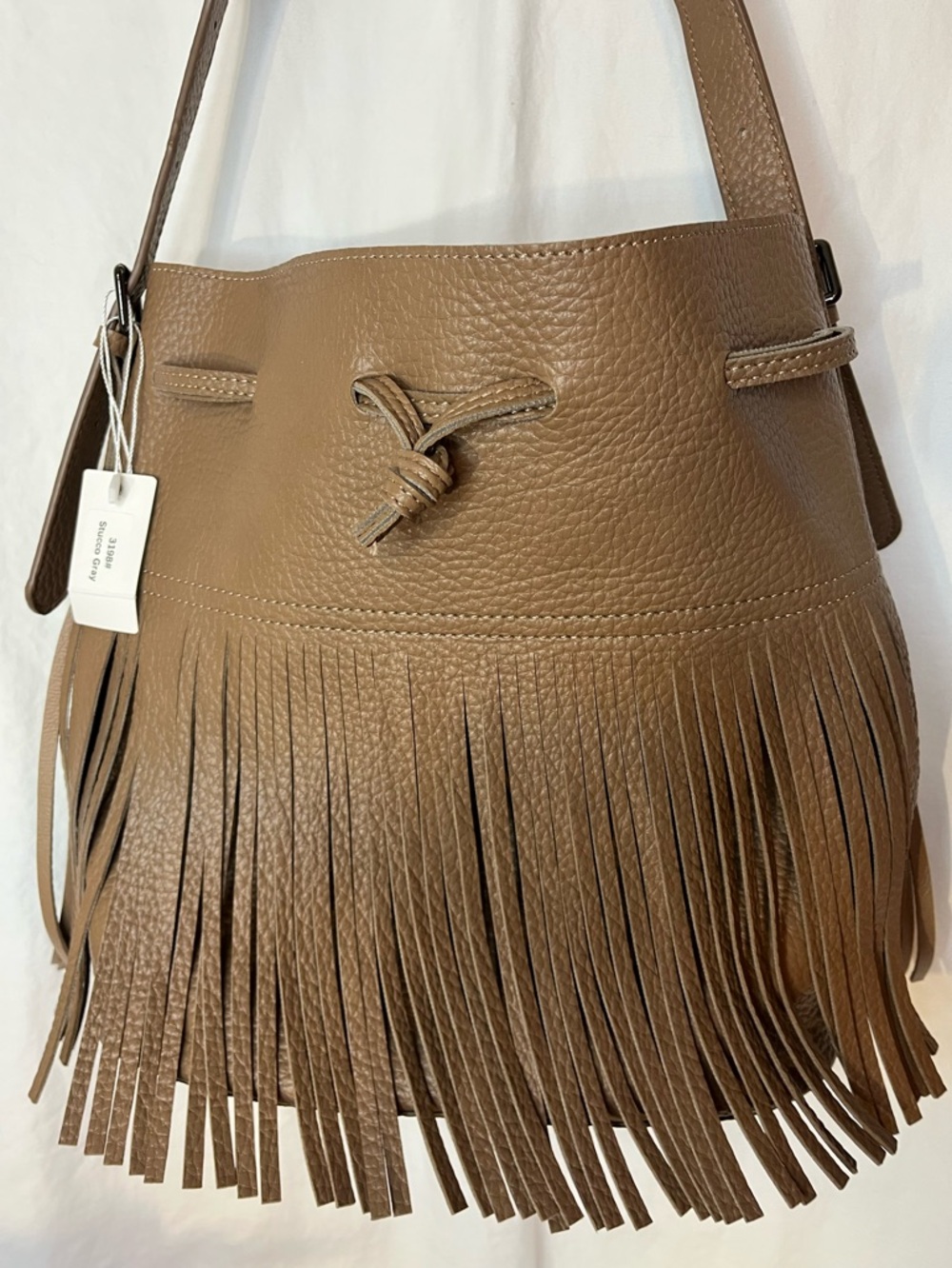 Pretty Persuasion Fringe Brown /Taupe faux Leather Bucket Shoulder Bag